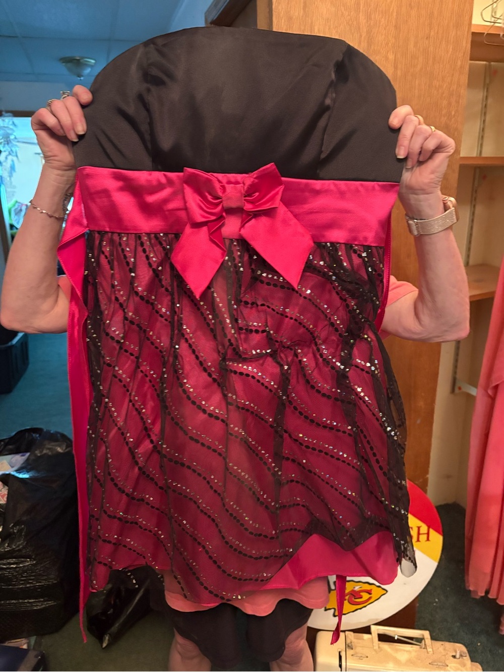 Black and Fuchsia Sequin Bow Party Dress